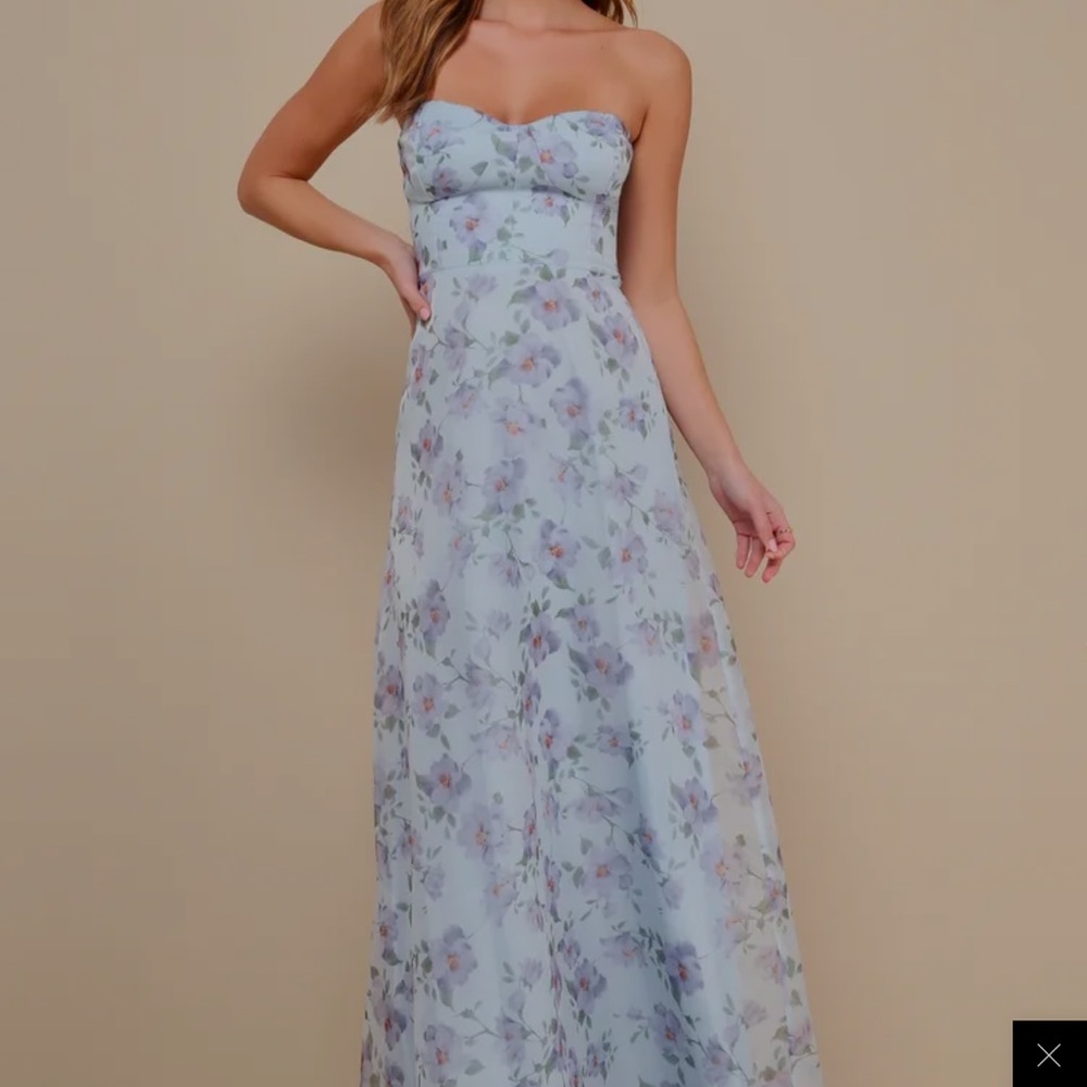 Lulu's Light Blue Floral Strapless Dress